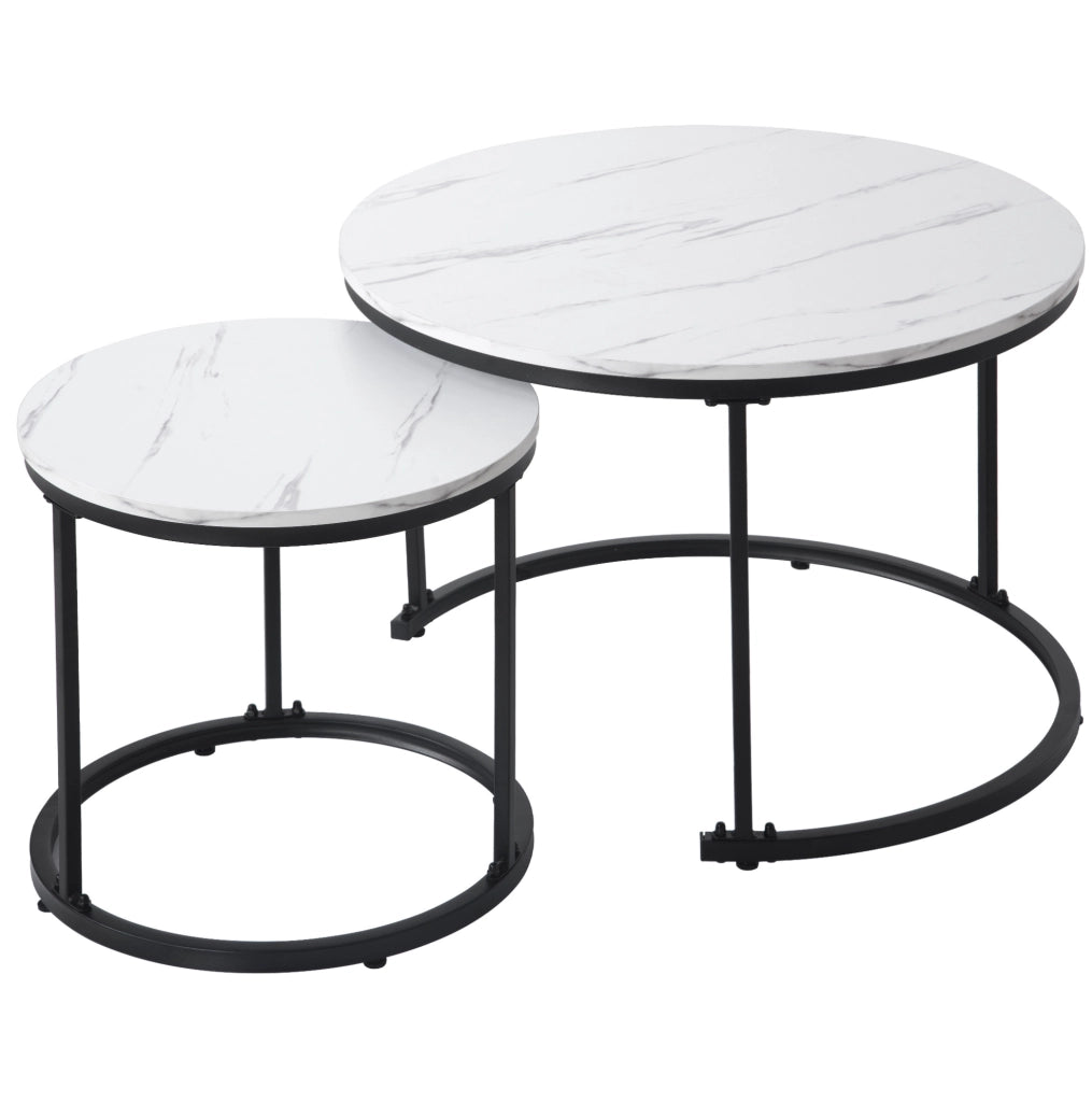 Set di 2 tavolini da caffè rotondi impilabili; effetto marmo bianco; piano in MDF