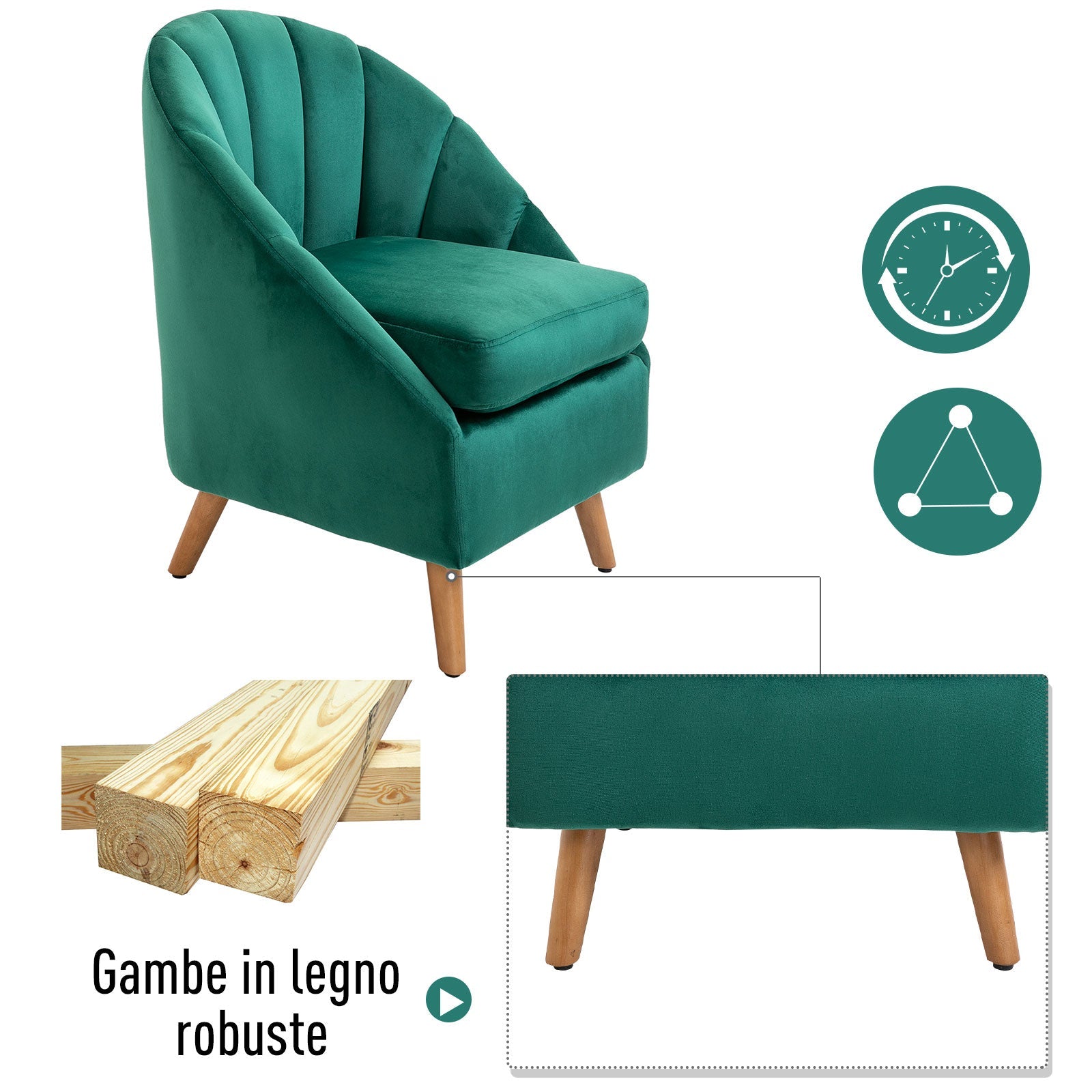 Poltrona in Velluto con Gambe in Legno  Verde