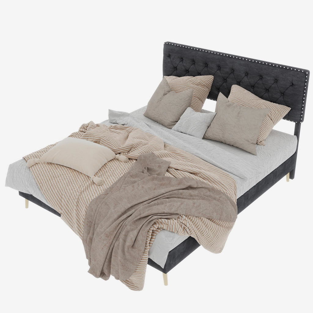 Letto Matrimoniale 160x200 cm - Spazio Sottoletto; Testiera Alta - in Tessuto - Grigio