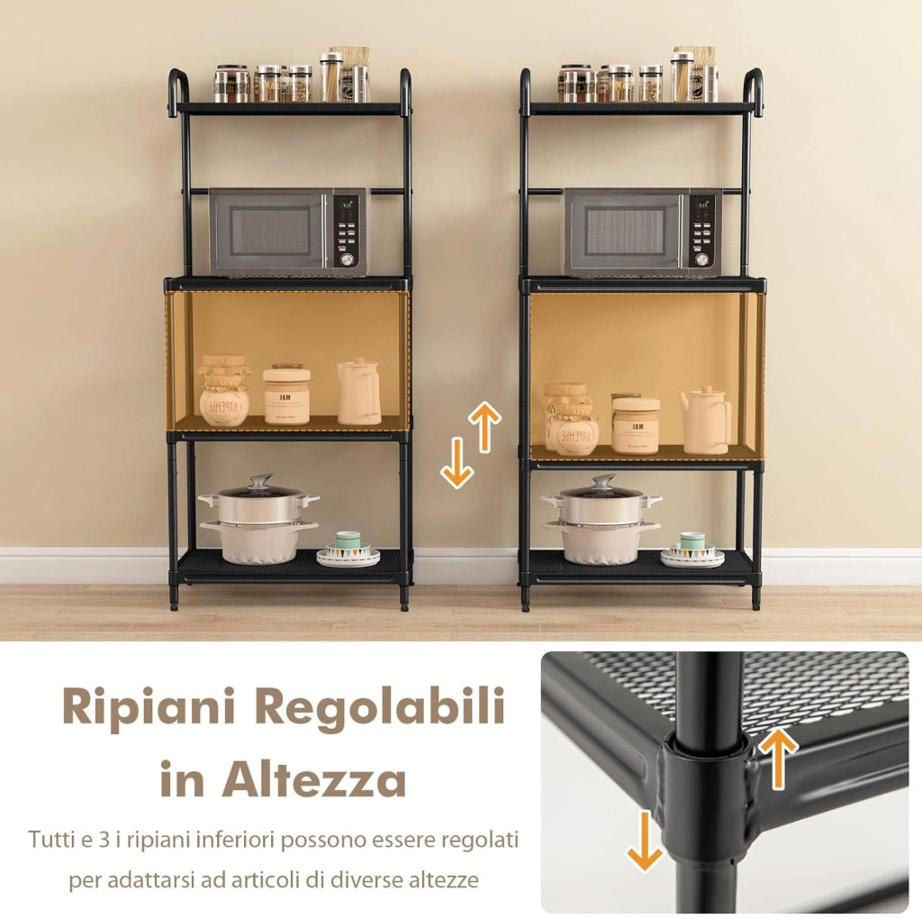 Microonde Scaffale da Cucina per Microonde in Metallo a 4 Ripiani, Carrello per Microonde Scaffalatura Organizzatore Portaoggetti, 60 x 34 x 136 cm (Nero)