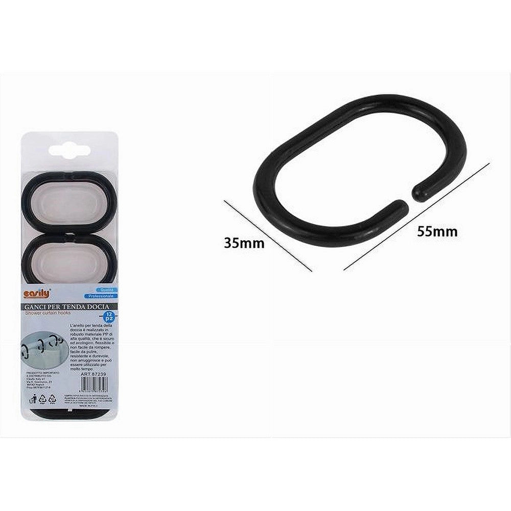 Trade Shop - Set 12 Pz Anelli Gancio Per Tenda Da Doccia Box Bagno In Plastica Pp Nero 87239 -