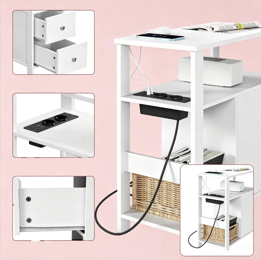 Tavolino 60x30x60 cm bianco con presa e 2 cassetti, pannelli in legno E1