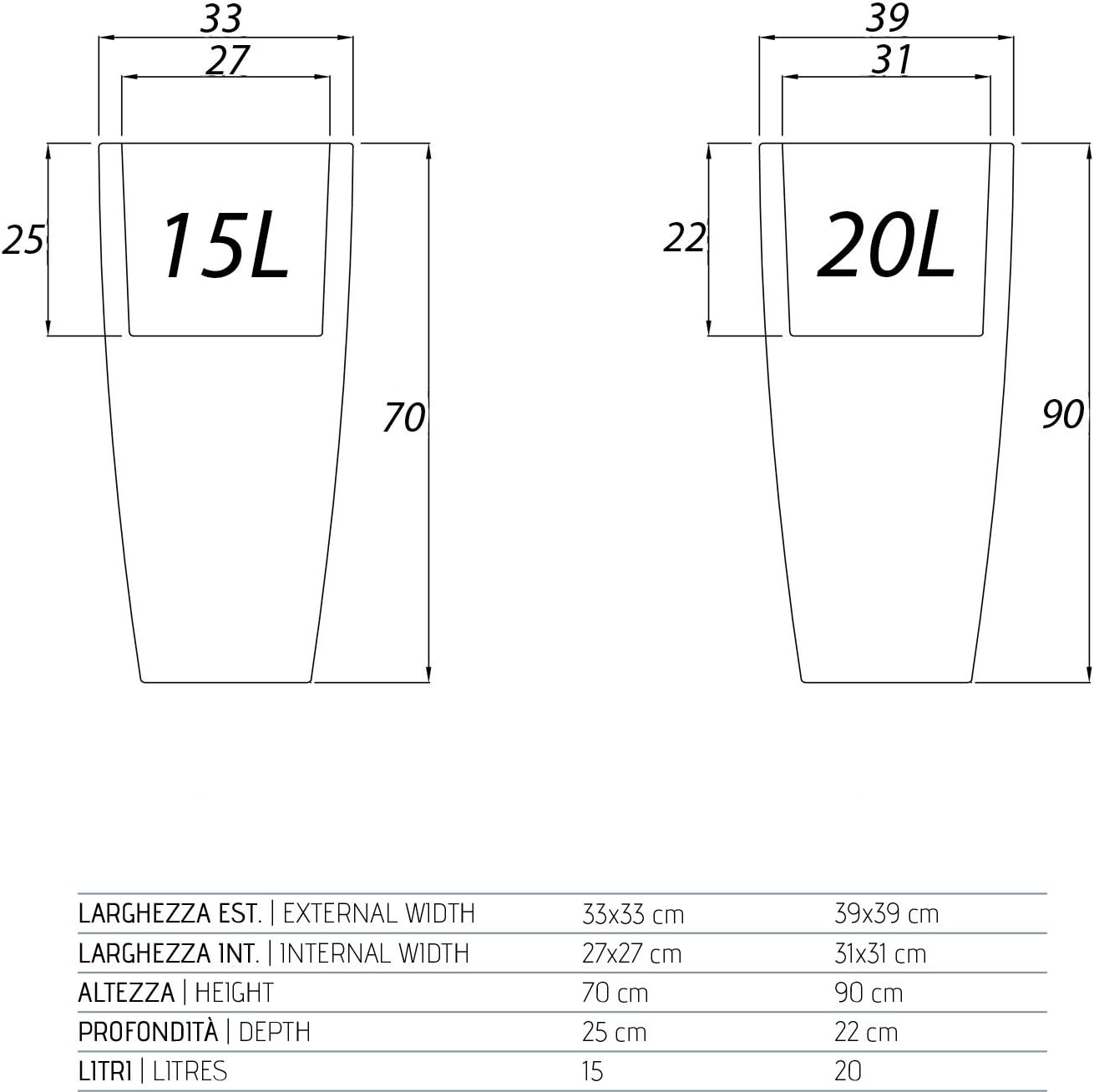VASO QUADRO 'STILO' cm 33 x 33 x h 70 - 15 lt. ghiaccio
