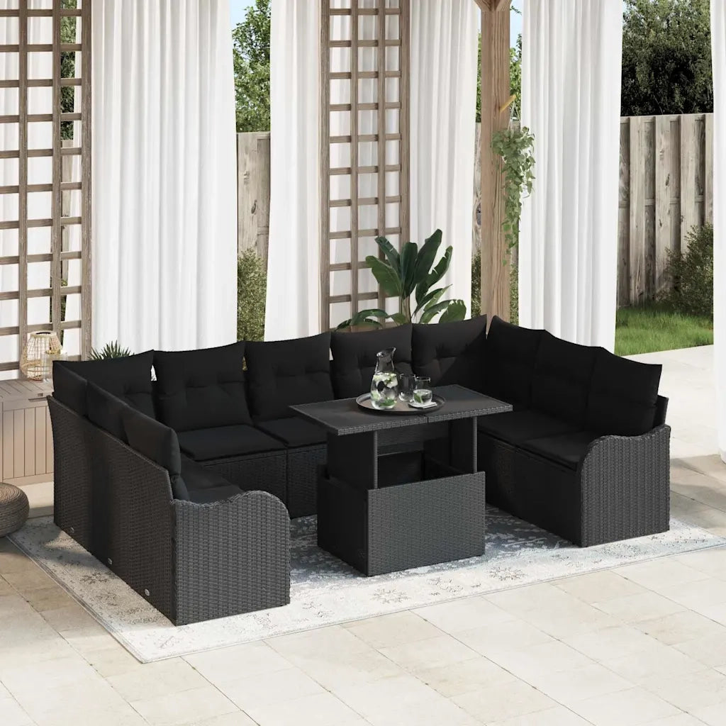 Set Divano da Giardino con cuscino 10 pcs Nero Poly Rattan 3348529