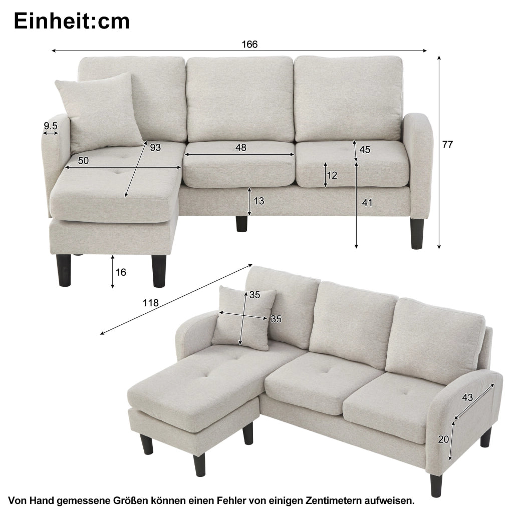 Divano angolare modulare con chaise longue, 166x118x77 cm, beige grigio e bianco