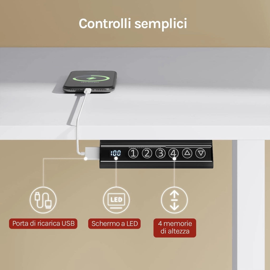 Telaio Scrivania Regolabile in Altezza, Telaio da Scrivania in Piedi, Supporto Elettrico da Tavolo, Standing Desk con 4 Funzioni Memoria, Anti-collisione, 72-120 cm, Bianco
