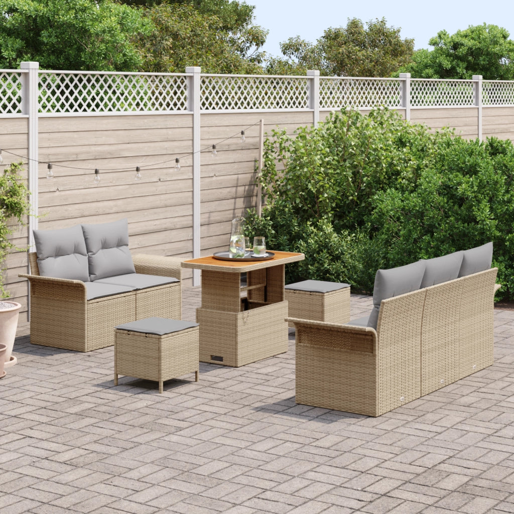 Set di Divani da Giardino in 8 Pezzi con Cuscini Beige Polyrattan Acacia