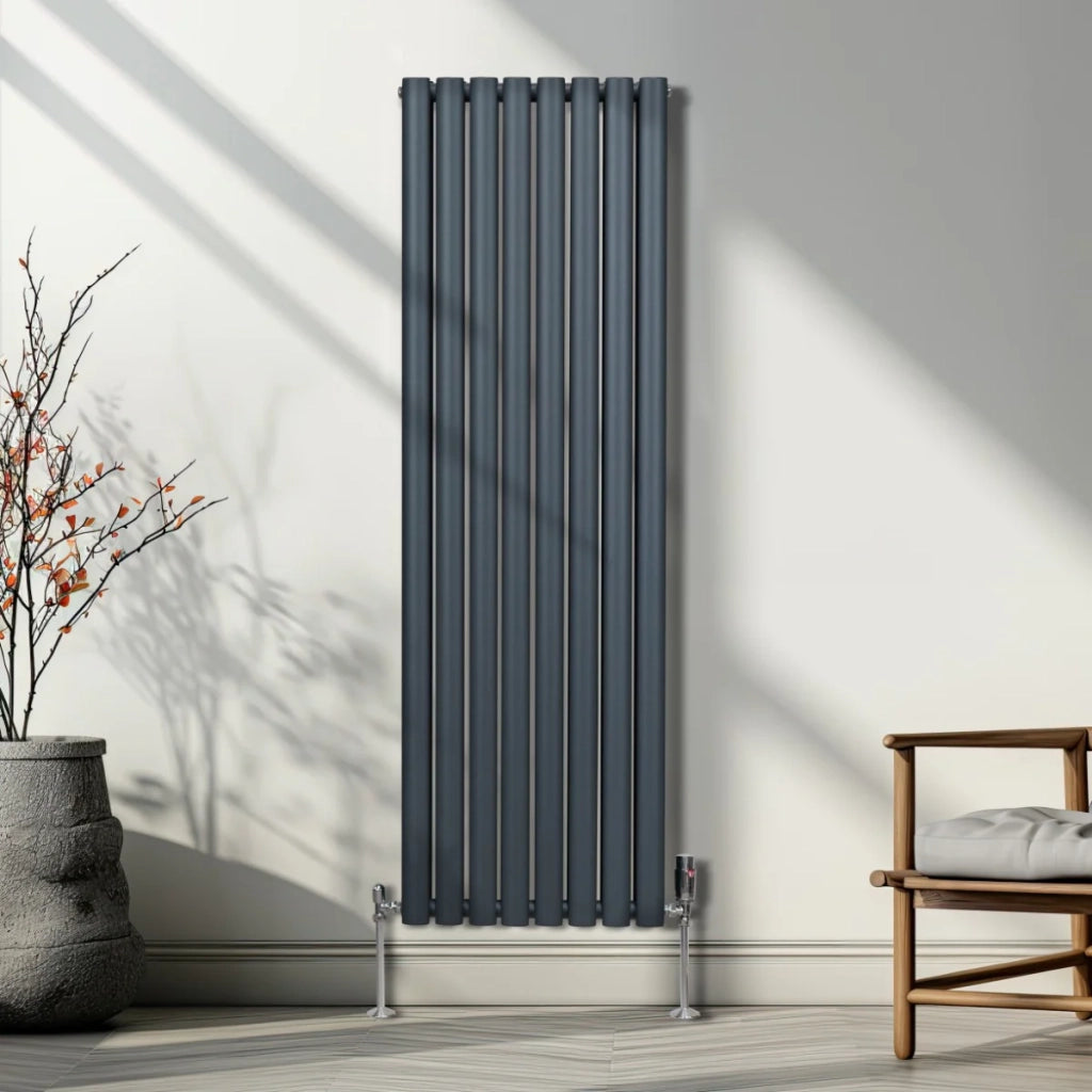 Radiatore a colonna ovale e valvole cromate TRV Designer grigio antracite 1600mm x 480mm