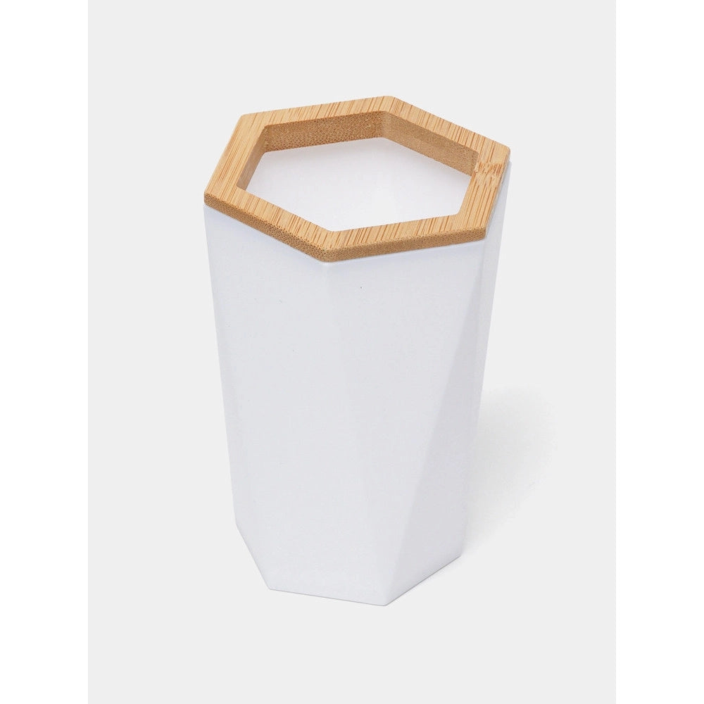 Trade Shop - Bicchiere Porta Spazzolini A Cilindro Esagonale Geometrico Bianco Legno Da Bagno 10837 -