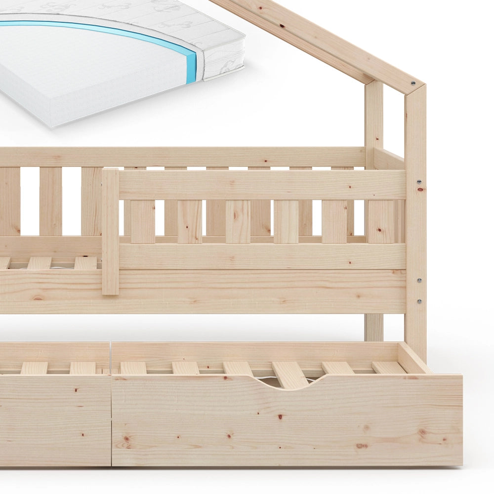 Vitalispa Letto montessori bambini Legno naturale 80x160 cm con letto per ospiti e materasso