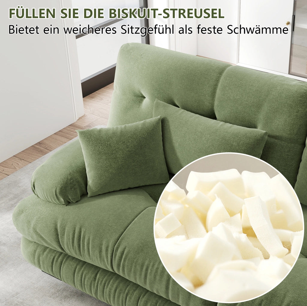 Divano modulare in chenille verde con ottomane mobili; configurazione a U; L o lineare