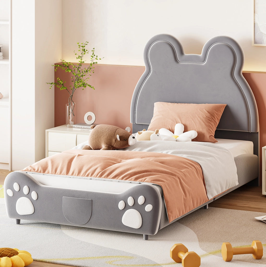 Letto per bambini 90x200 cm a forma di orso; imbottito in tessuto vellutato grigio