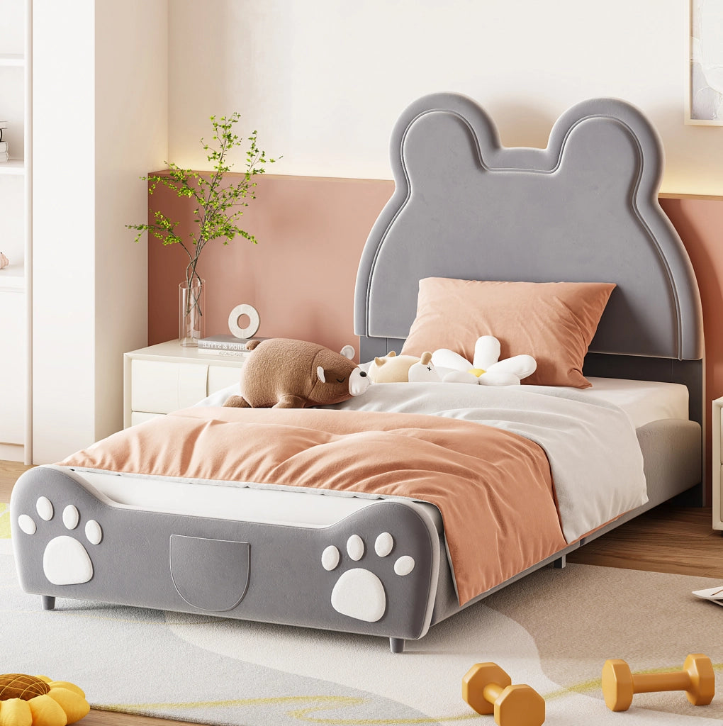 Letto per bambini 90x200 cm a forma di orso; imbottito in tessuto vellutato grigio