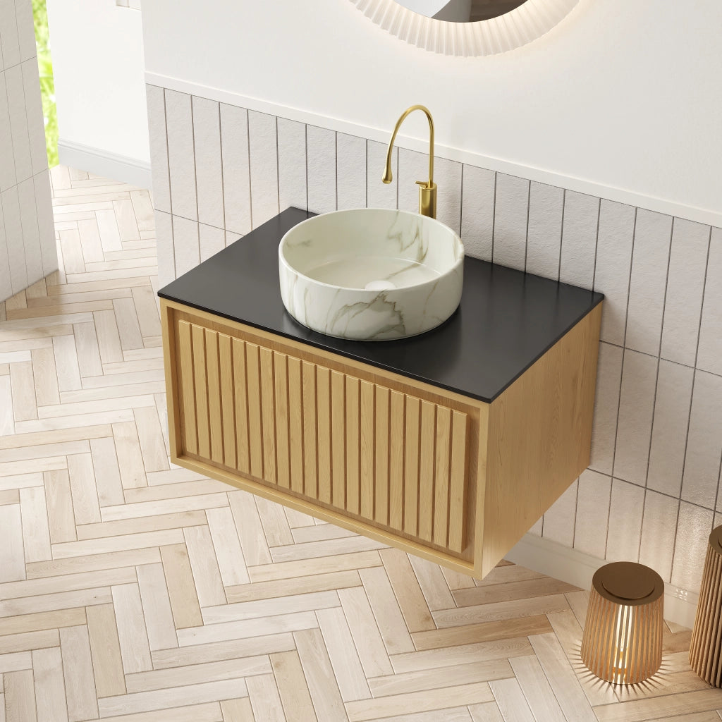 Mobile sottolavabo sospeso con lavabo rotondo in ceramica e cassetto frontale rigato per bagno rovere e nero