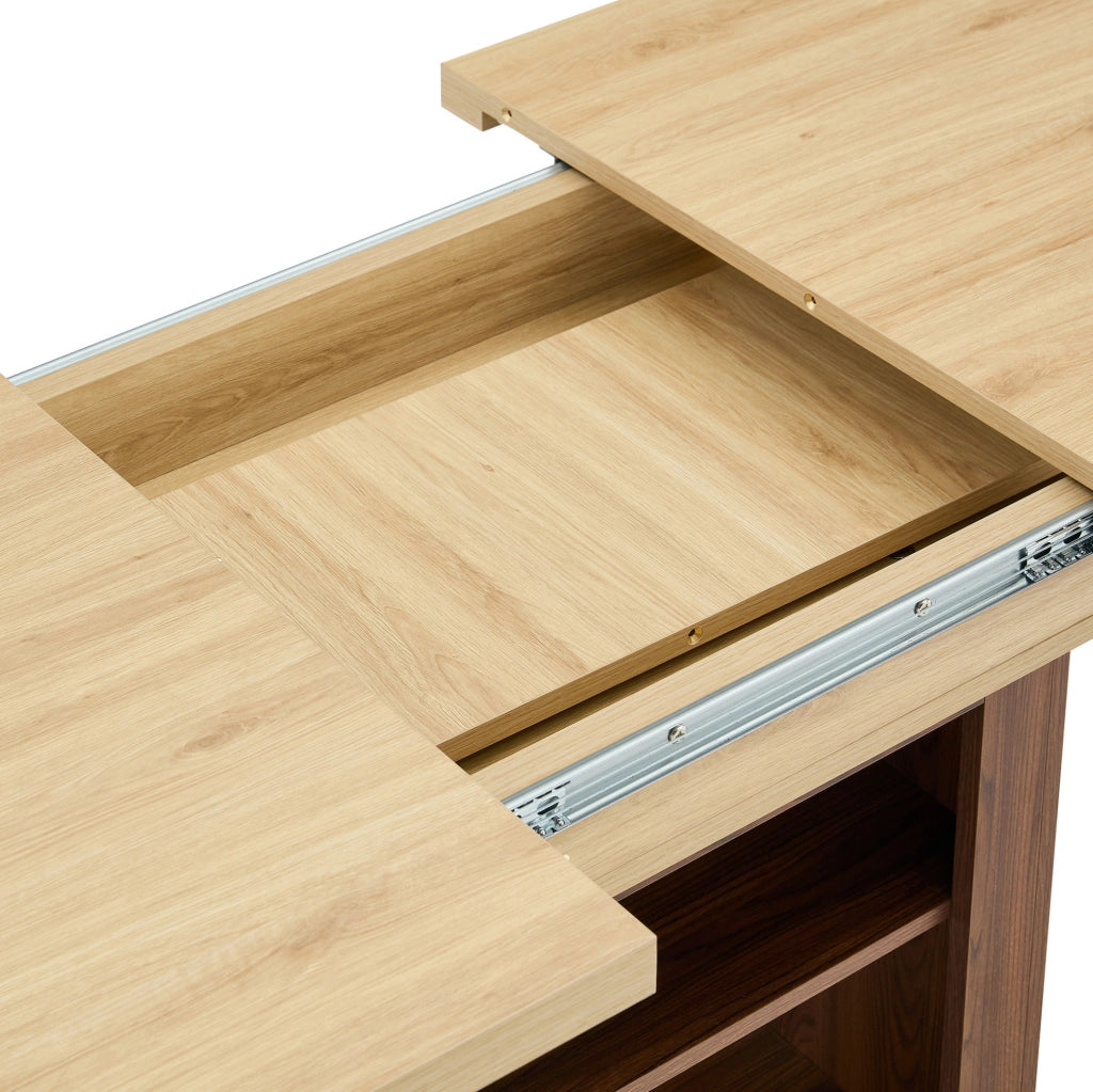 Tavolo allungabile 130x80x160x80 cm con 2 ripiani integrati; MDF naturale e noce