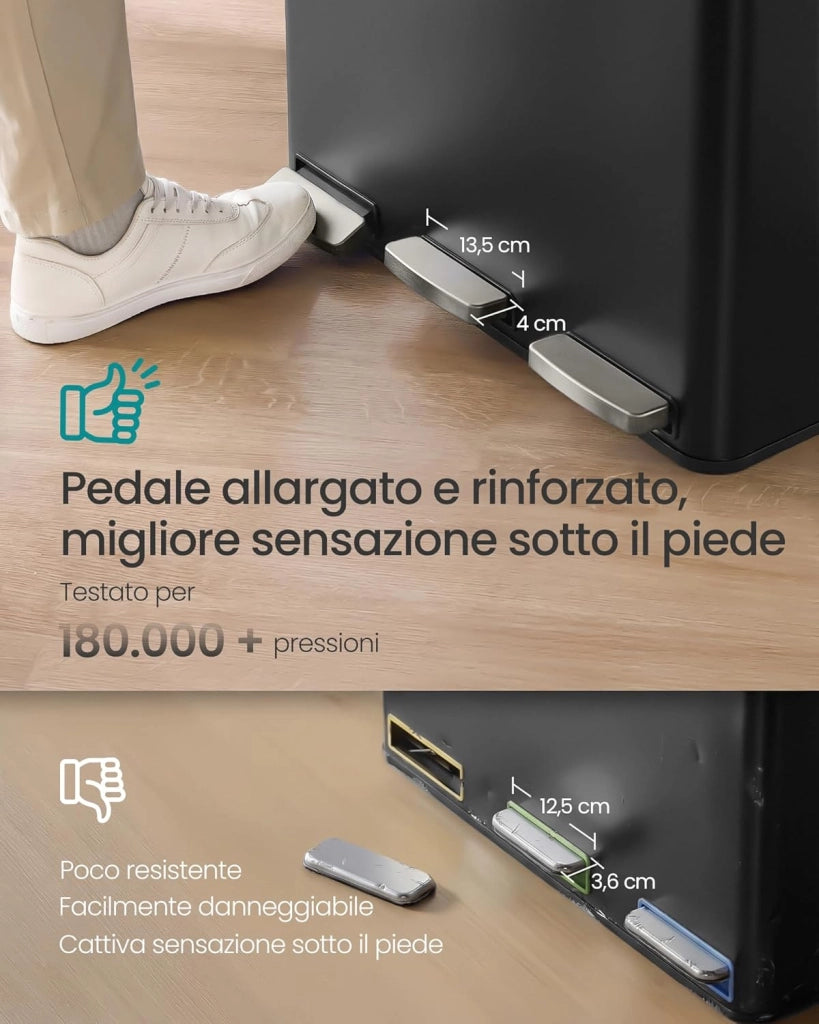 SONGMICS Pattumiera Cucina 3 x 15 L, Cestino per Raccolta Differenziata 3 Scomparti, 15 Sacchetti, Secchi Rimovibili, Coperchio, Maniglie, Chiusura Morbida, Acciaio, Nero Inchiostro LTB145BZ02