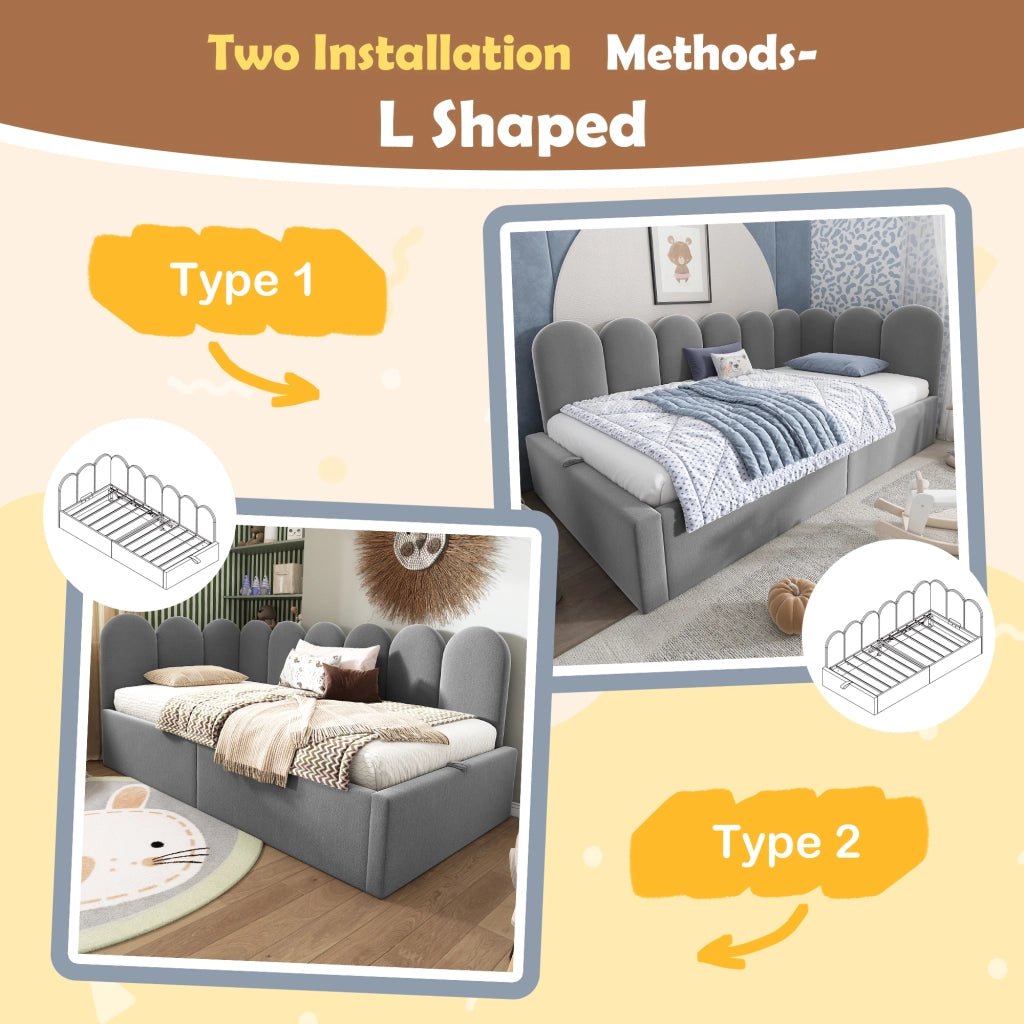 OKWISH Letto a Divano 90×190 cm, Letto Singolo con Vano Contenitore Idraulico, Sponde e Testiera, senza Materasso, in Velluto, Grigio