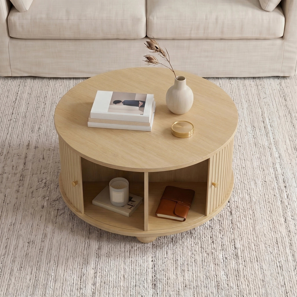 Tavolino basso rotondo con 2 ante scorrevoli, 4 vani interni e struttura in MDF, naturale, 72 × 72 × 38 cm