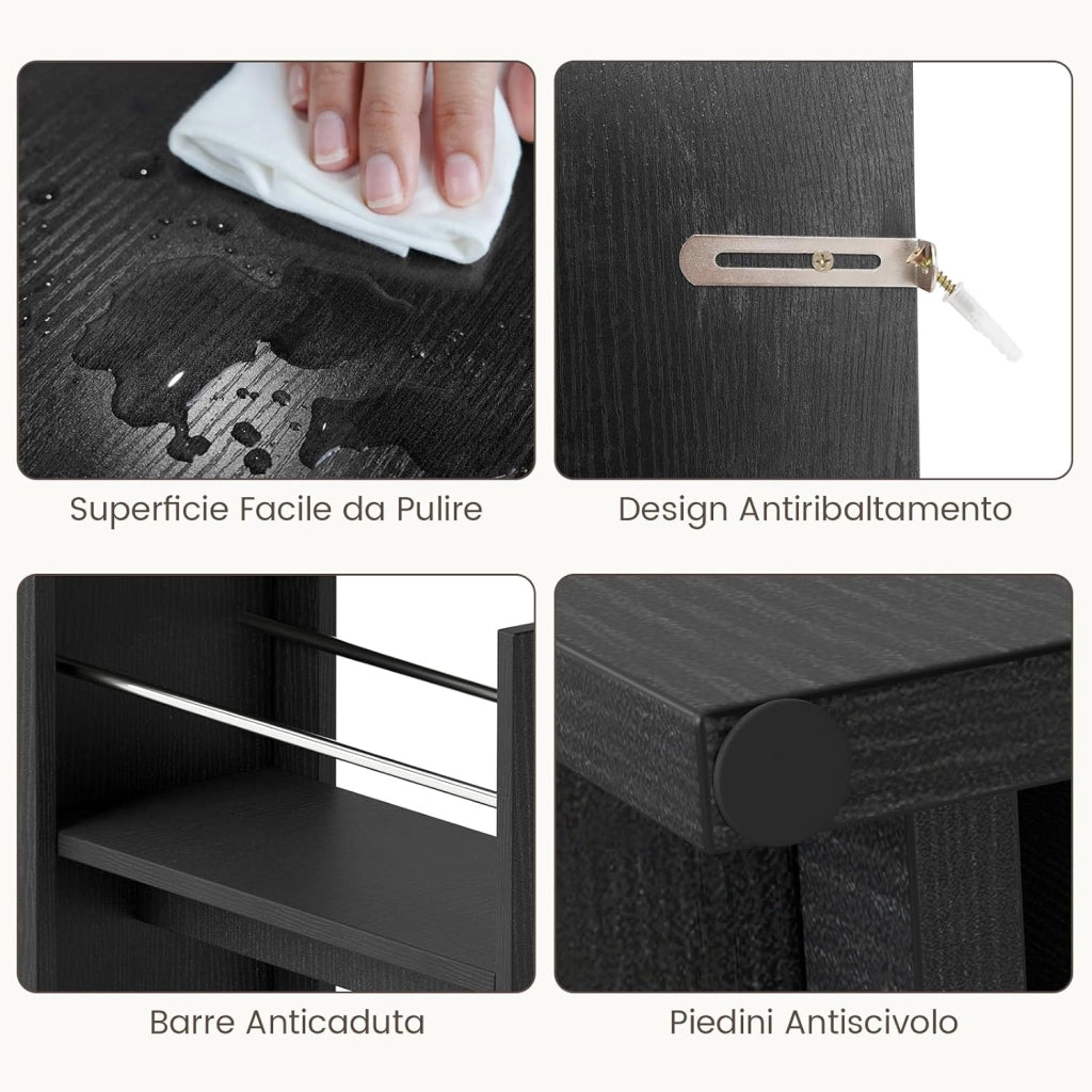 Mobile da Bagno Piccolo, Mobiletto Salvaspazio Stretto con 2 Cassetti e 2 Ruote Girevoli, Credenza Sottile da Terra Autoportante per Bagno, Cucina e Ufficio, 40 x 18 x 70 cm (Nero)