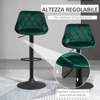 Set 2 Sgabelli da Bar, Altezza Regolabile con Base in Metallo e Seduta in Velluto, Sgabelli Moderni con Schienale e Poggiapiedi, 46x48x83-104 cm, Verde