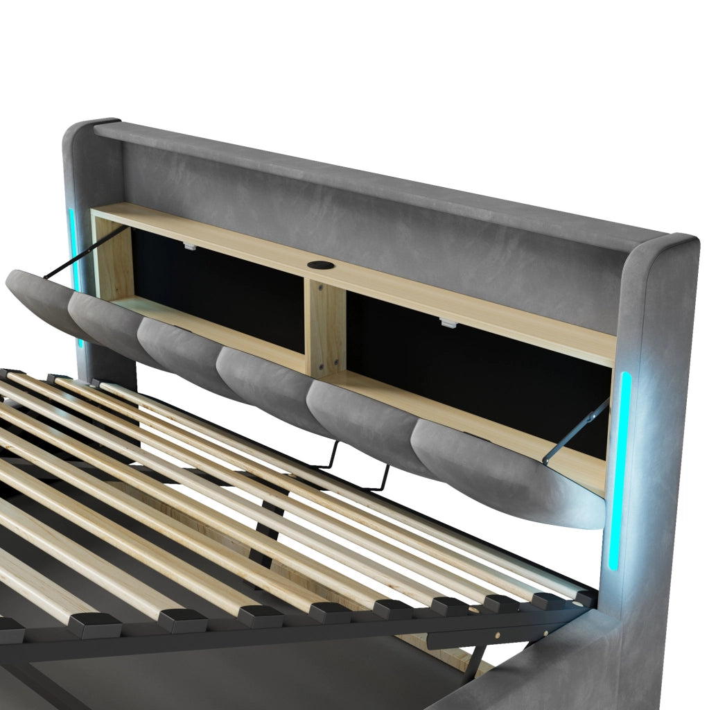 Letto imbottito 180x200 cm con luci LED; contenitore idraulico e porte USB; velluto grigio