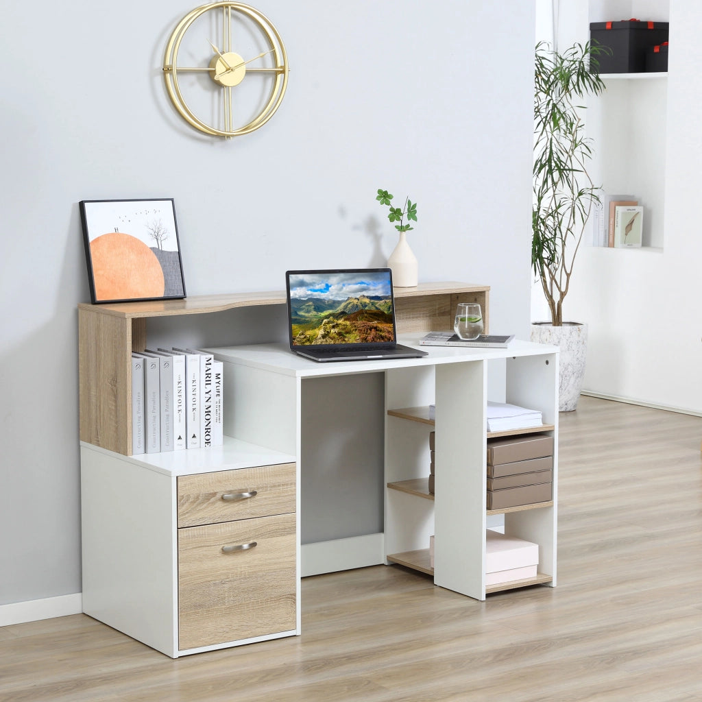 Scrivania per Computer ¨C Xylo ¨C Legno MDF con Ripiani 137x55x92cm Bianco Moderna