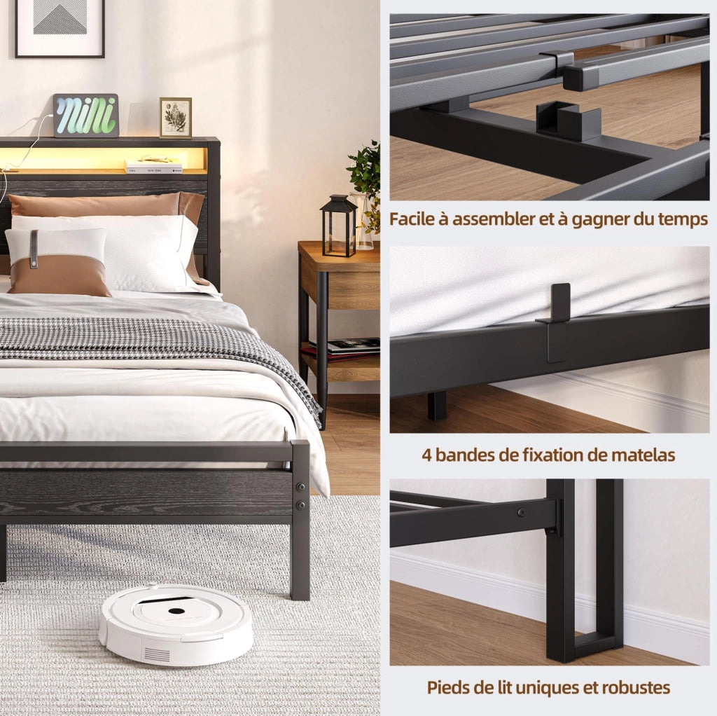 Letto matrimoniale 140x190 cm con testiera a ripiani; USB e presa; metallo e MDF nero