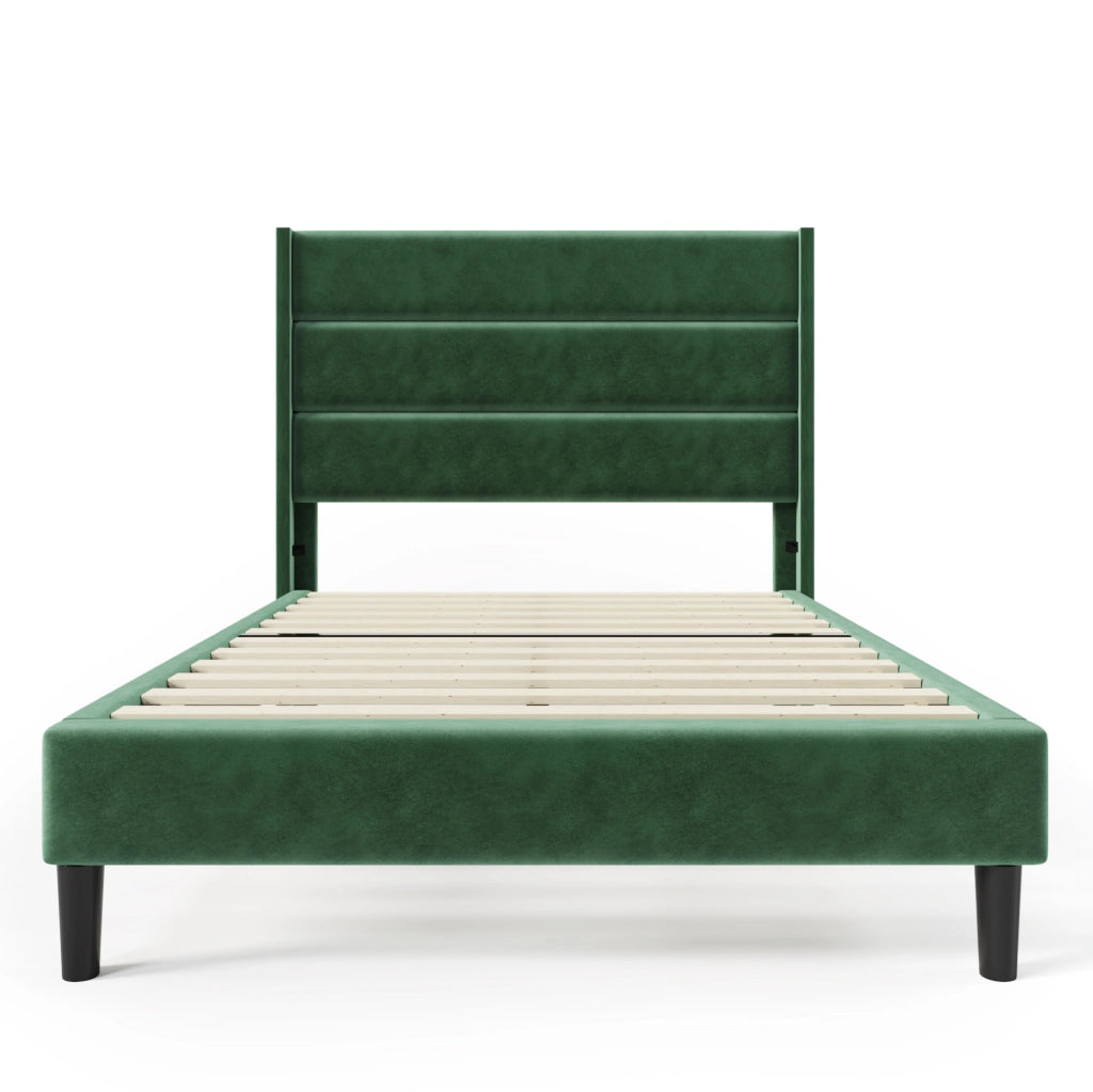 Letto imbottito 90x200 cm in velluto verde con rete a doghe e materasso H3