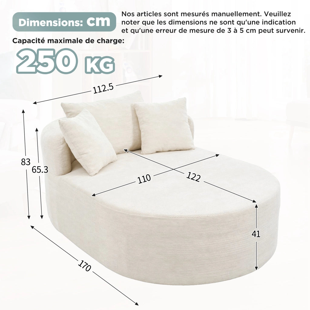 Poltrona relax ovale 170 x 112;5 x 83 cm in velluto a coste beige chiaro
