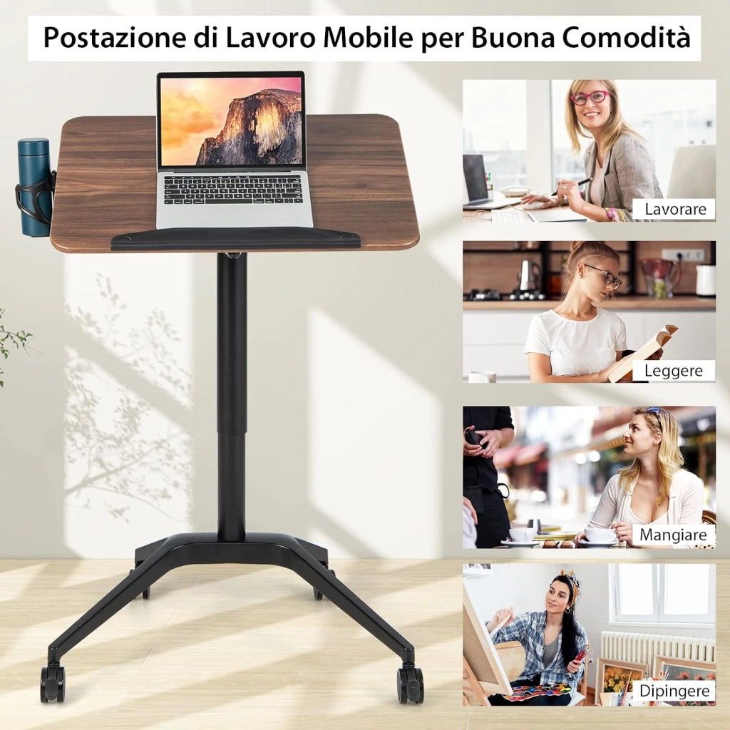 Scrivania Regolabile in Altezza, Tavolino da Letto e Divano Inclinabile con Ruote, Deflettore Anticaduta e Porta Bicchieri, Tavolino per Ufficio e Casa, 72 x 50 x 74-107 cm