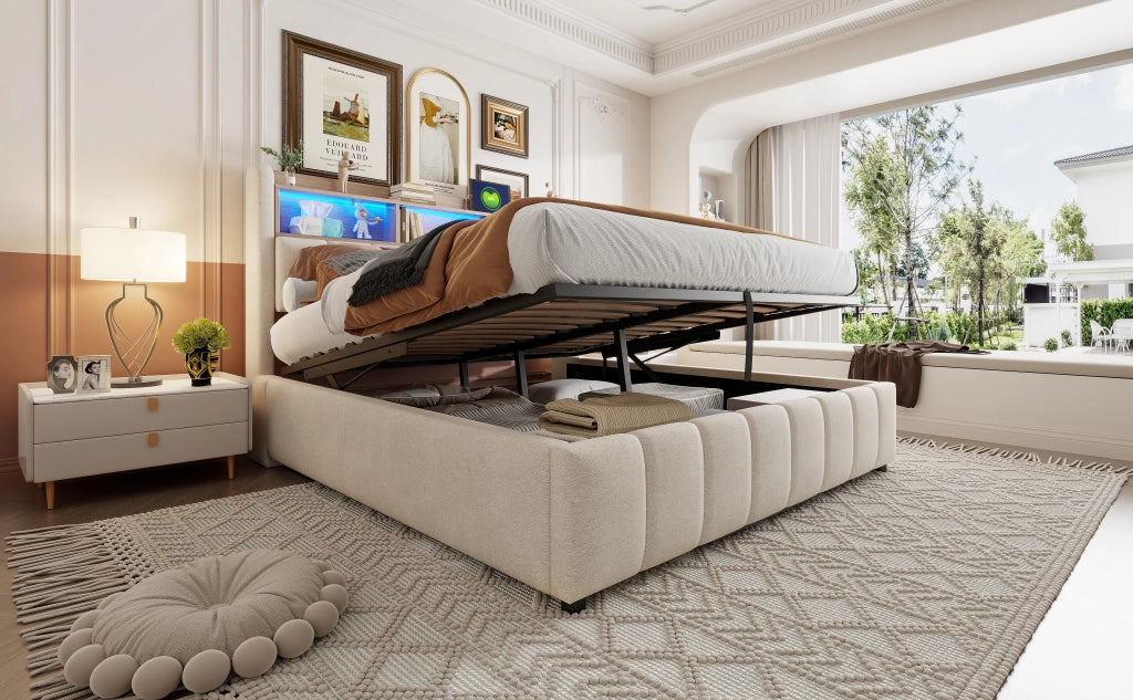 DESMIU Lit adulto 180 × 200 cm con LED, USB e Type-C, contenitore idraulico, senza materasso, beige