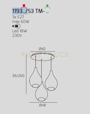 SOSP. OTTONE SAT. 3 LUCI TONDA VETRI MEDI AMBRA 1193OS-S3 TM-AM