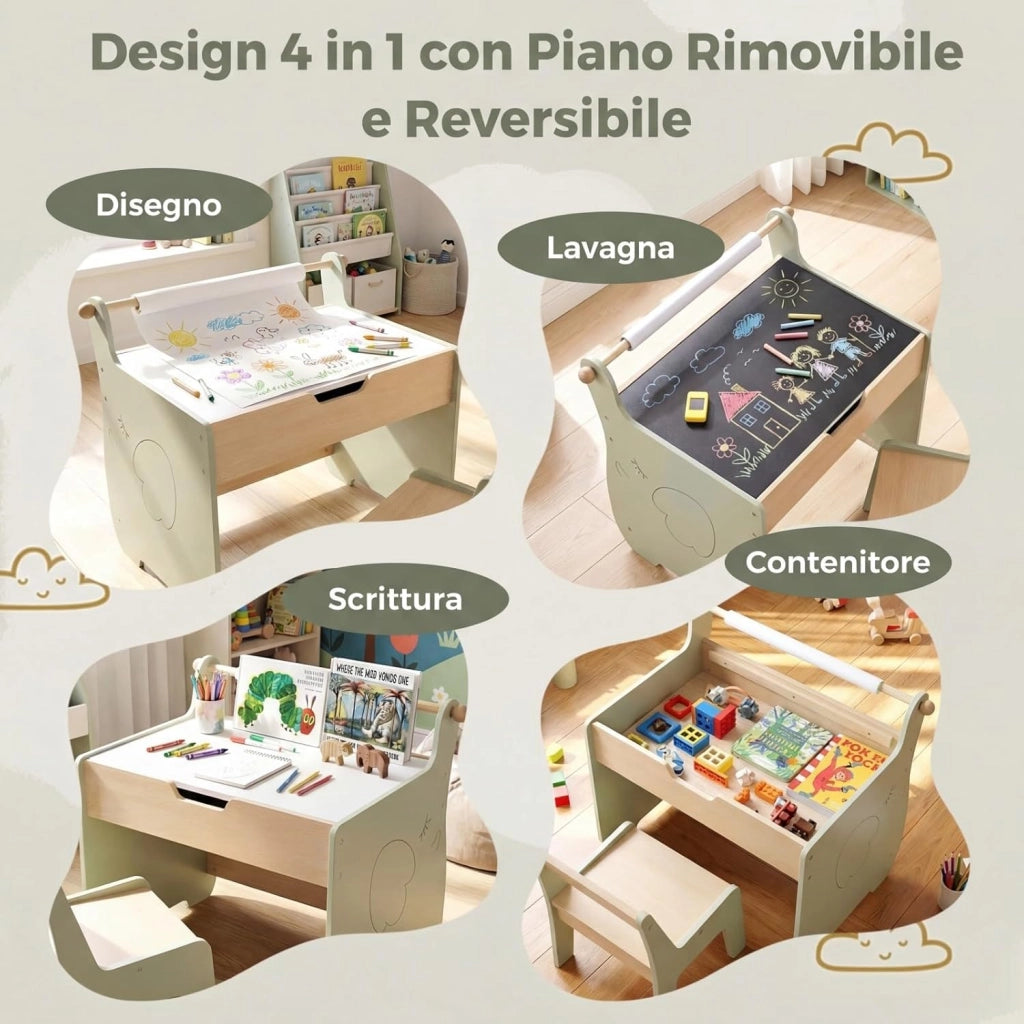 Set Tavolo e Sedia per Bambini 4 in 1, Set con Scrivania e Sedia in Legno per Bambini con Lavagna Reversibile, Rotolo di Carta e Contenitore Nascosto per Aula e Cameretta (Verde)