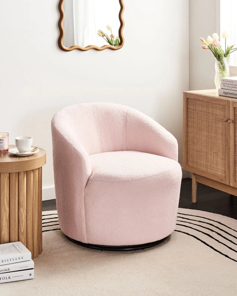 Poltrona Rosa Pastello Boucle Tessuto Morbido Nubby Base Nera Girevole 360° Stile Retro Glam Art Decor