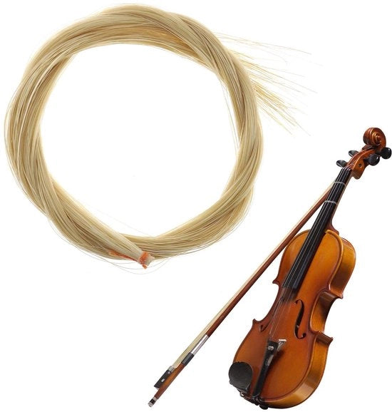 Bicchiere per violino 2 in 1 - Materiale: capelli di cavallo - Colore naturale - Lunghezza 74cm - Adatto per violini, violini da spalla e violoncelli - Qualità elevata - Set di fibre per archetto