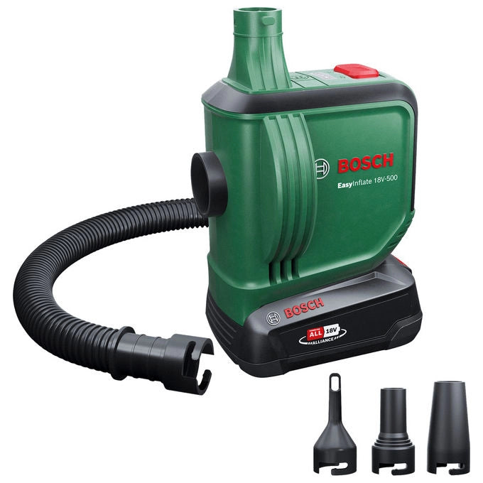 Bosch 0603947201 EasyInflate 18V-500 Pompa ad Aria Elettrica 530 l-min Pressione 0,03 bar con Batteria 18 V Flusso d'aria 530 l-min Tubo 0,5 m 3 Ugelli Borsa in Tessuto colore Verde