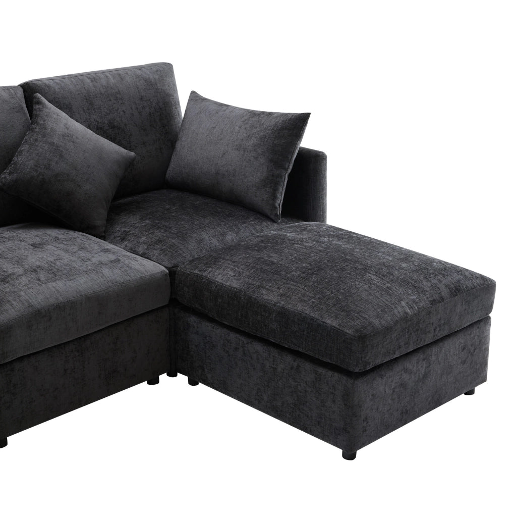 Divano modulare angolare 216x161x81 cm con pouf mobile in chenille grigio