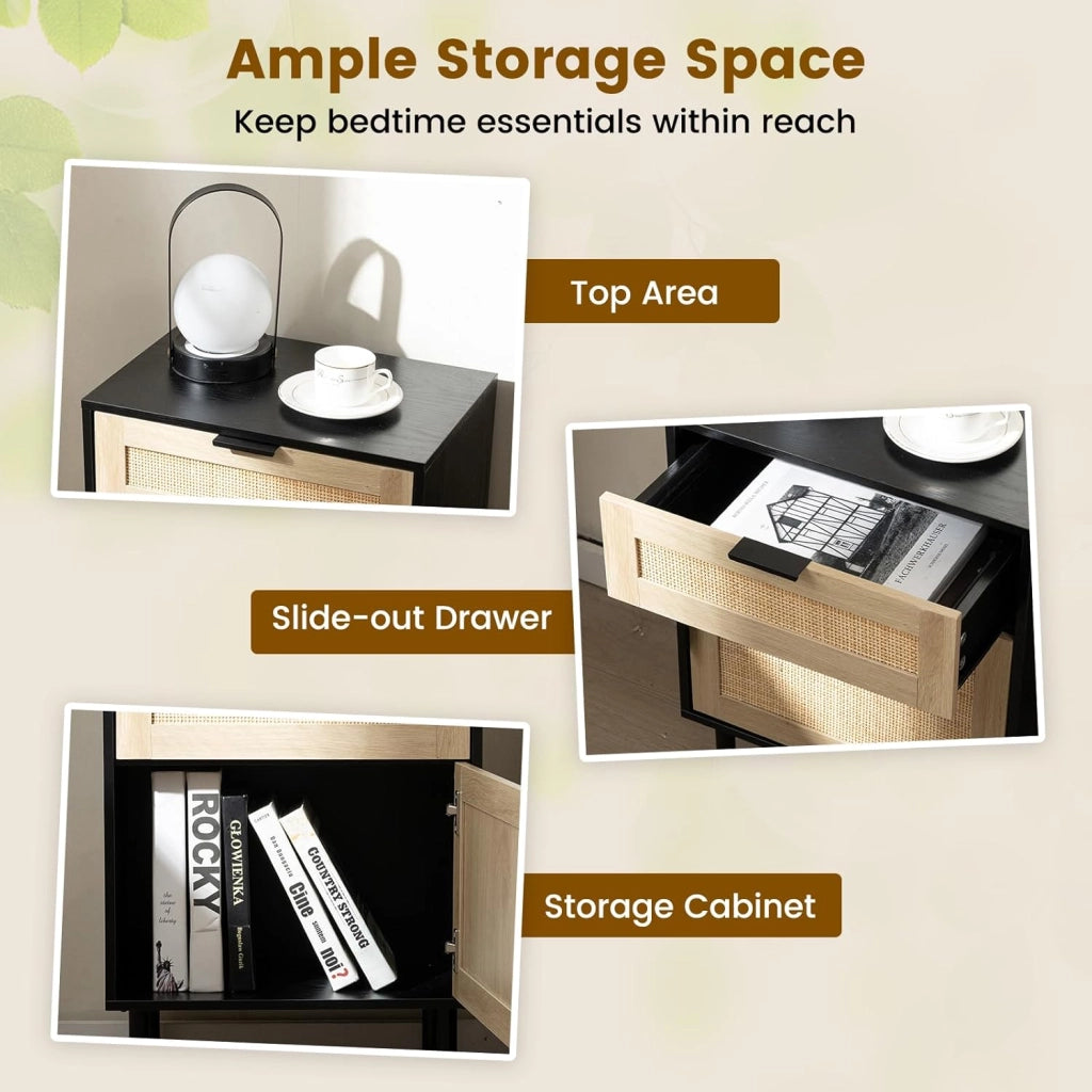Confezione da 2 Comodini Moderni, Tavolino in Rattan con Cassetto e Armadietto, Gambe in Metallo Robusto, Tavolino di Metà Secolo per Soggiorno, Camera da Letto, Ufficio (Nero)