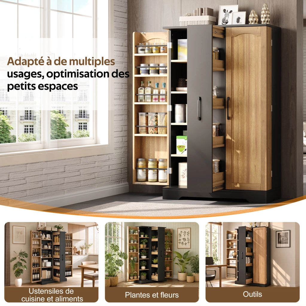 Mobile dispensa da cucina con 2 ante; ripiani regolabili e vano estraibile a 4 livelli; 150 x 78 x 40 cm; nero