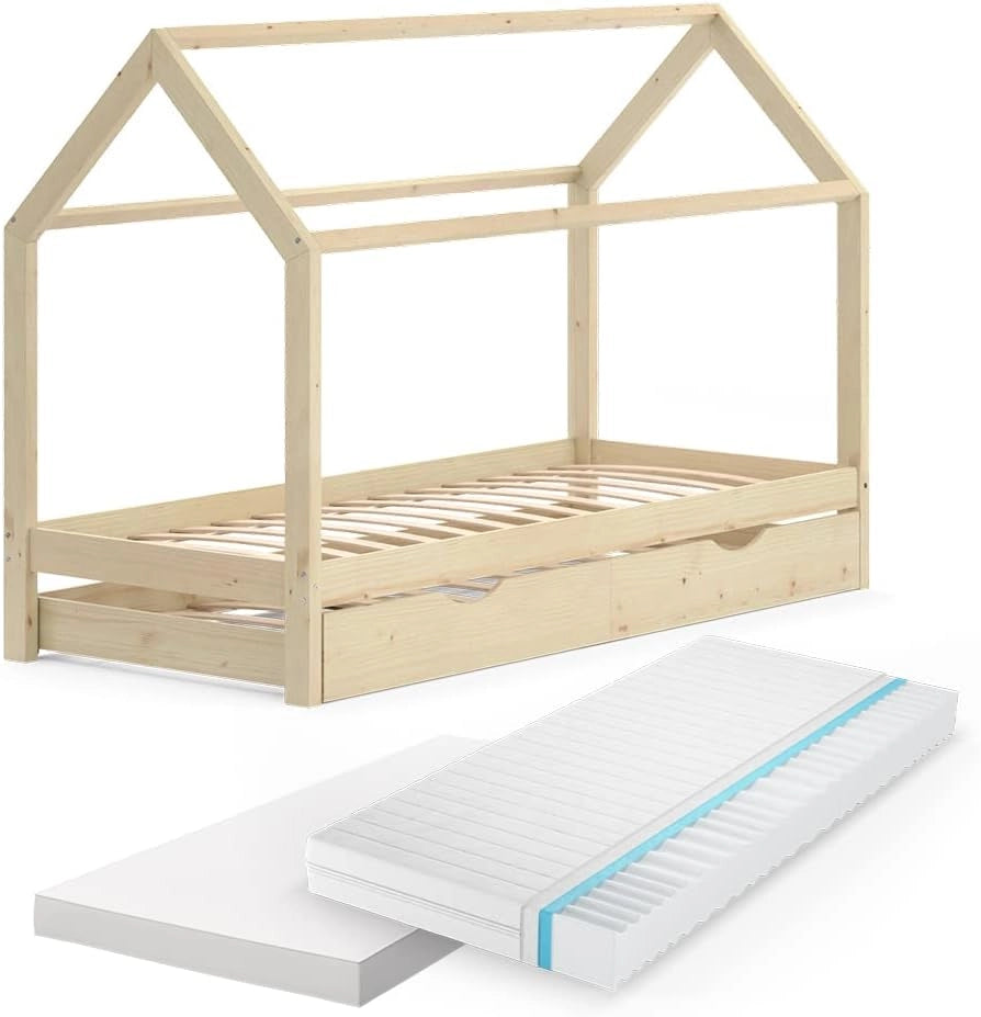 Letto da casa Wiki, Legno naturale, 90x200 cm con letto per ospiti, in legno massello con protezione anticaduta e rete a doghe