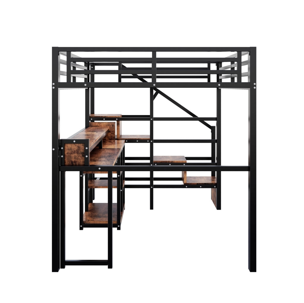 Letto a soppalco 140x200 cm in metallo nero con armadio scala, LED e USB-C HAVRYA