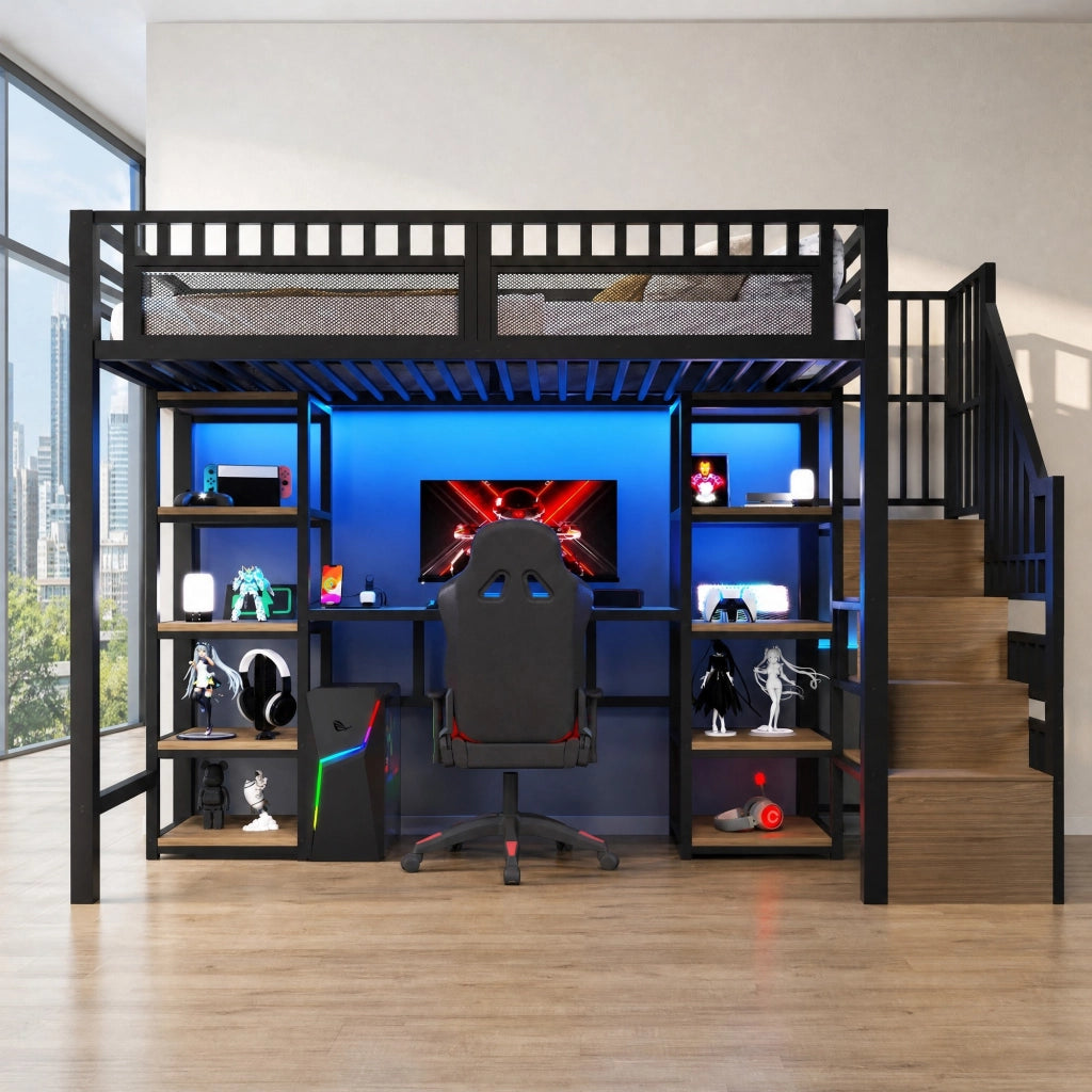 Letto a soppalco 90x200 cm con scrivania LED e USB nero