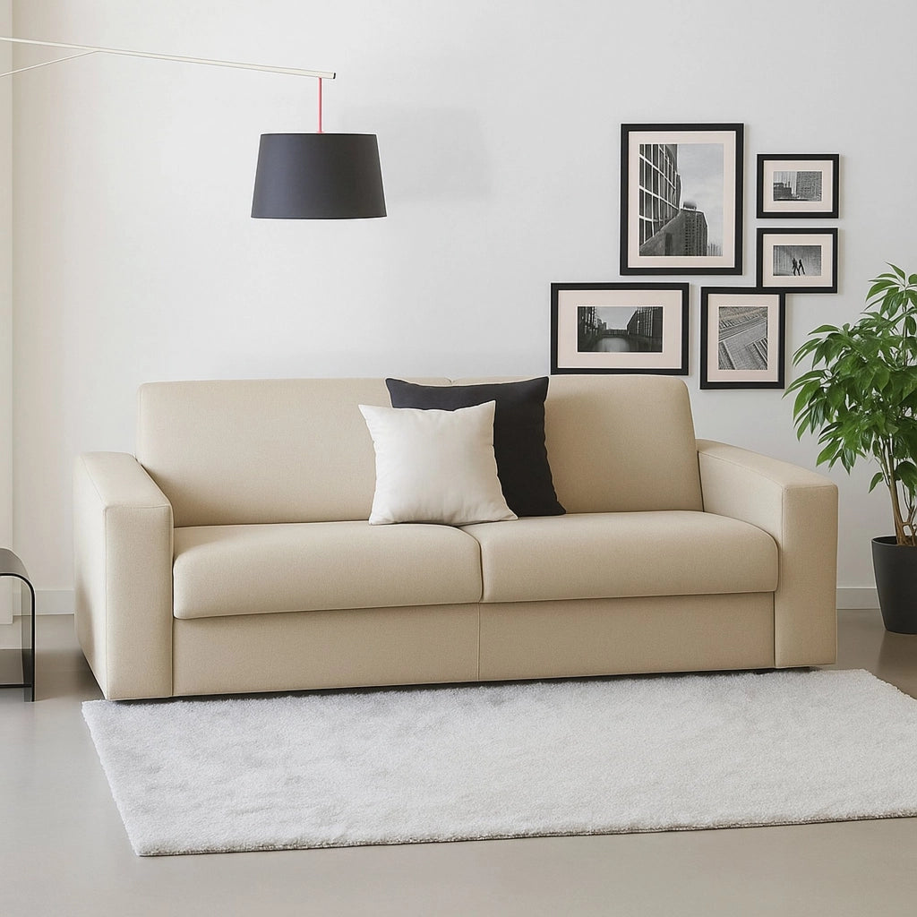 Divano fisso Cianite, Divano a 2 posti Large, Made in Italy, SofÒ  Soggiorno, in tessuto imbottito, con Braccioli slim, cm 180x95h90, Beige