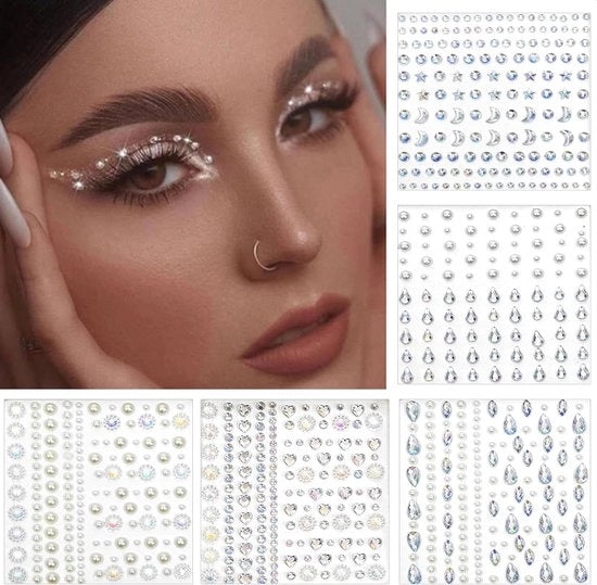 Pietre con glitter - Argento - Pacchetto da 5 - Viso, Occhi, Corpo - Adesivi - Piccoli cristalli con strass - Festival, Carnevale - Trucco
