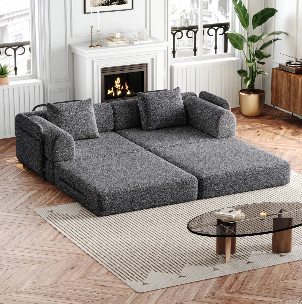 Poltrona letto 2 in 1 in ciniglia grigia con vano bracciolo