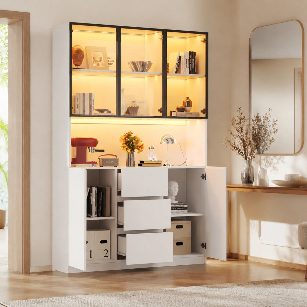 Vetrina in vetro con LED; 3 cassetti e 2 ante; MDF bianco; 120 × 40 × 200 cm