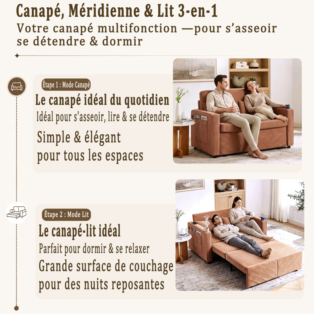 Divano letto 3 in 1 con sistema scorrevole e porte USB per soggiorno ufficio e ospiti in legno e tessuto arancione