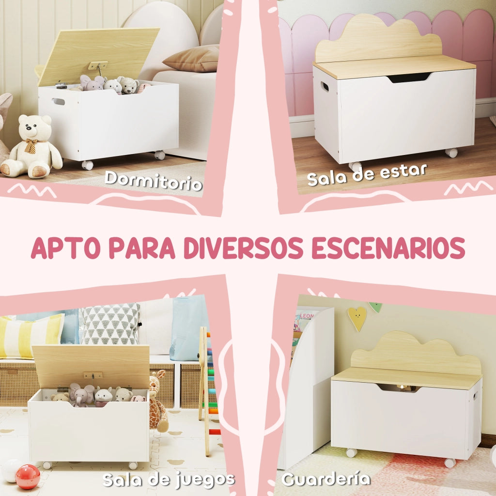 Contenitore Portagiochi con Ruote e Tapa Abatible ¨C Minimal ¨C Bianco e Naturale