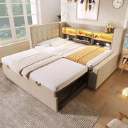 OKWISH Letto a Divano 90×200 cm, Letto Singolo con Letto Estraibile 90×190, LED Regolabile, USB e Tipo C, senza Materasso, Beige