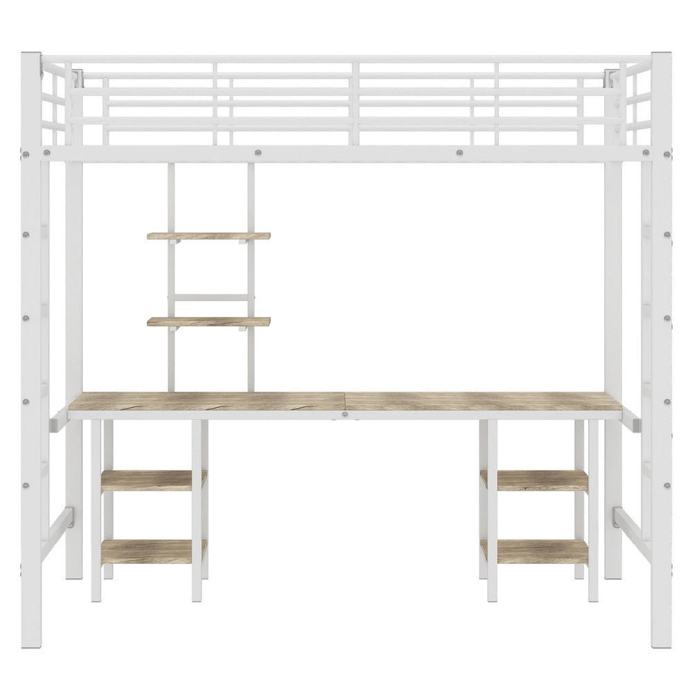 Letto a castello con tavolo e scaffali ¨C Minimal ¨C bianco metallo e MDF 90x200cm